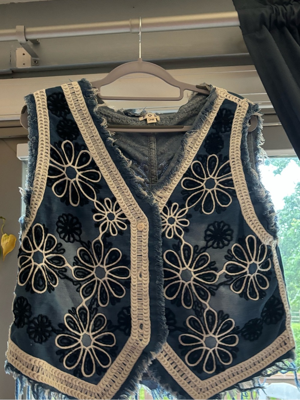POL Blue Denim Vest with Cream Trim and Floral Embroidery